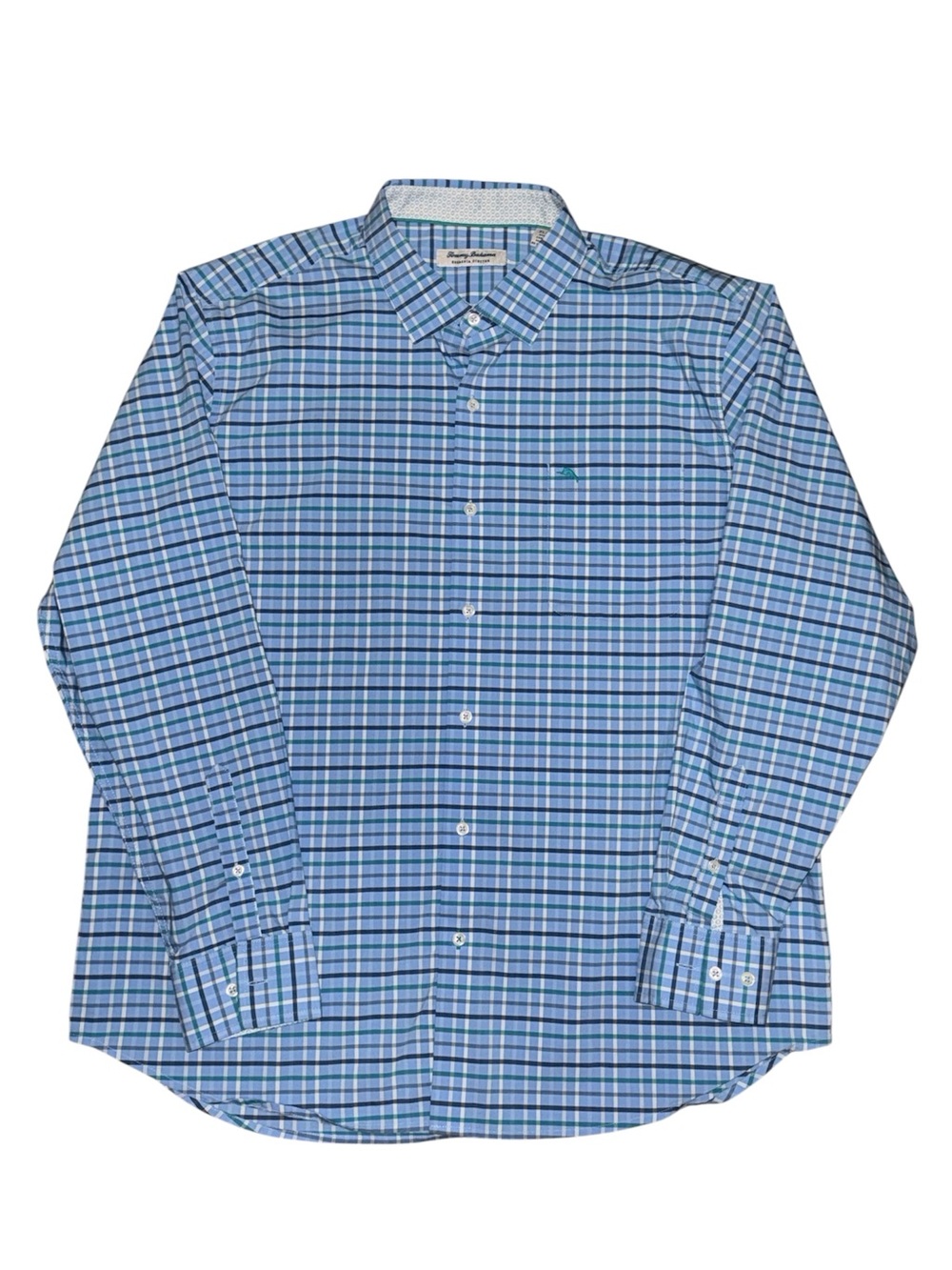 Tommy Bahama Sarasota Stretch Button Front Shirt Blue Plaid Long Sleeve XL EUC